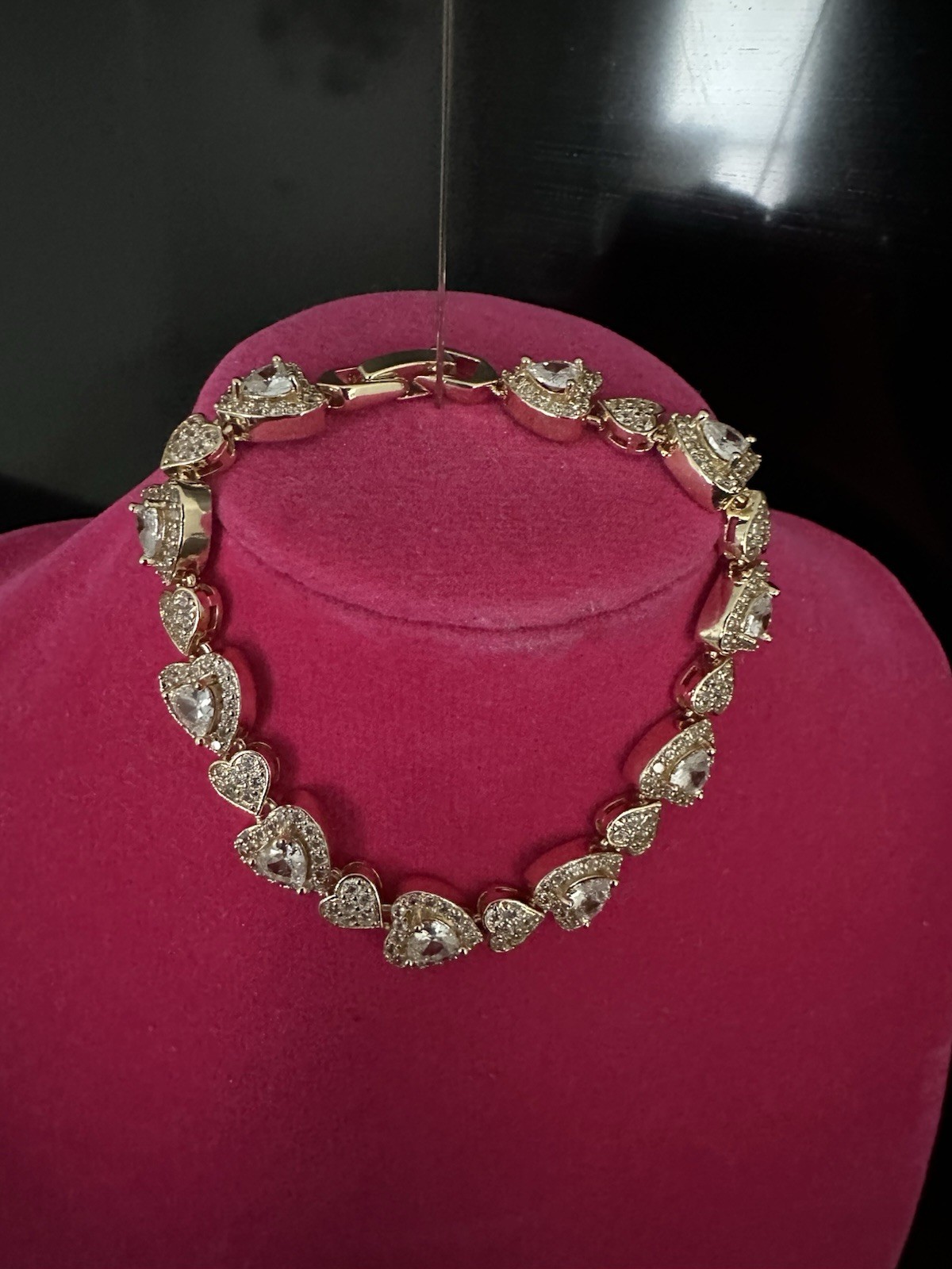 Gold Tone Heart Link Tennis Bracelet White Simulated Rhinestones Lobster Clasp