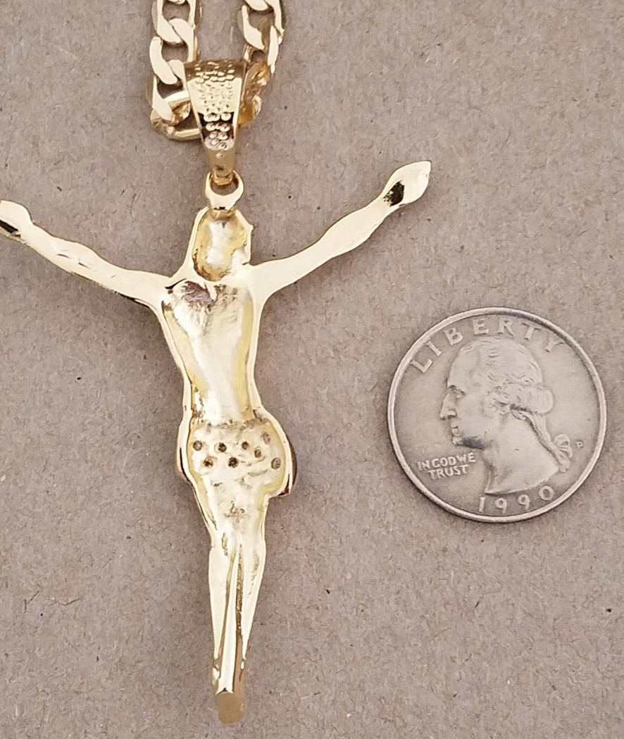 Men Yellow Gold Rhodium Plated 24in Figaro Chain & CZ Christ Open Arms Charm Set
