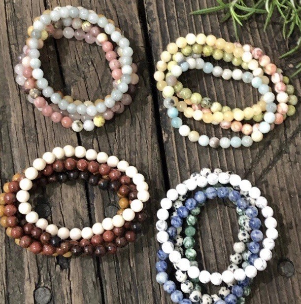 Natural Stone Beaded Bracelet Set, 4 Pieces, Small Beads