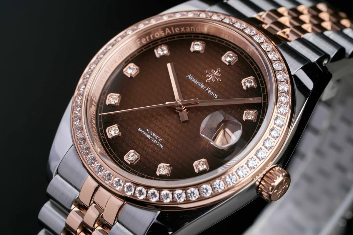 Alexander Ferros Automatic Watch Brown Wood Grain Dial Sapphire Crystal Men’s