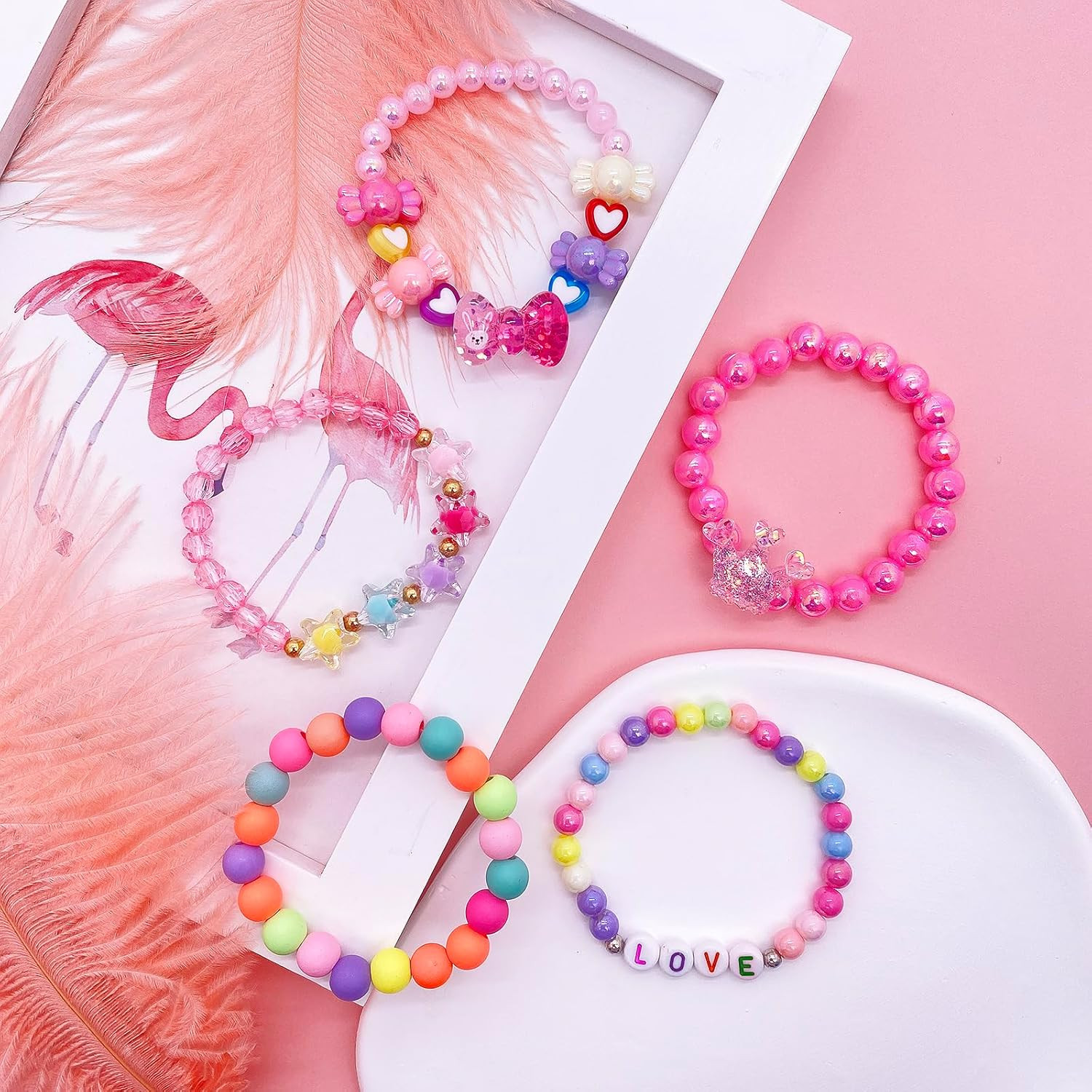 New 9 PCS Cute Kids Bracelets for Girls Pink LOVE Beaded Bracelets Little Girls