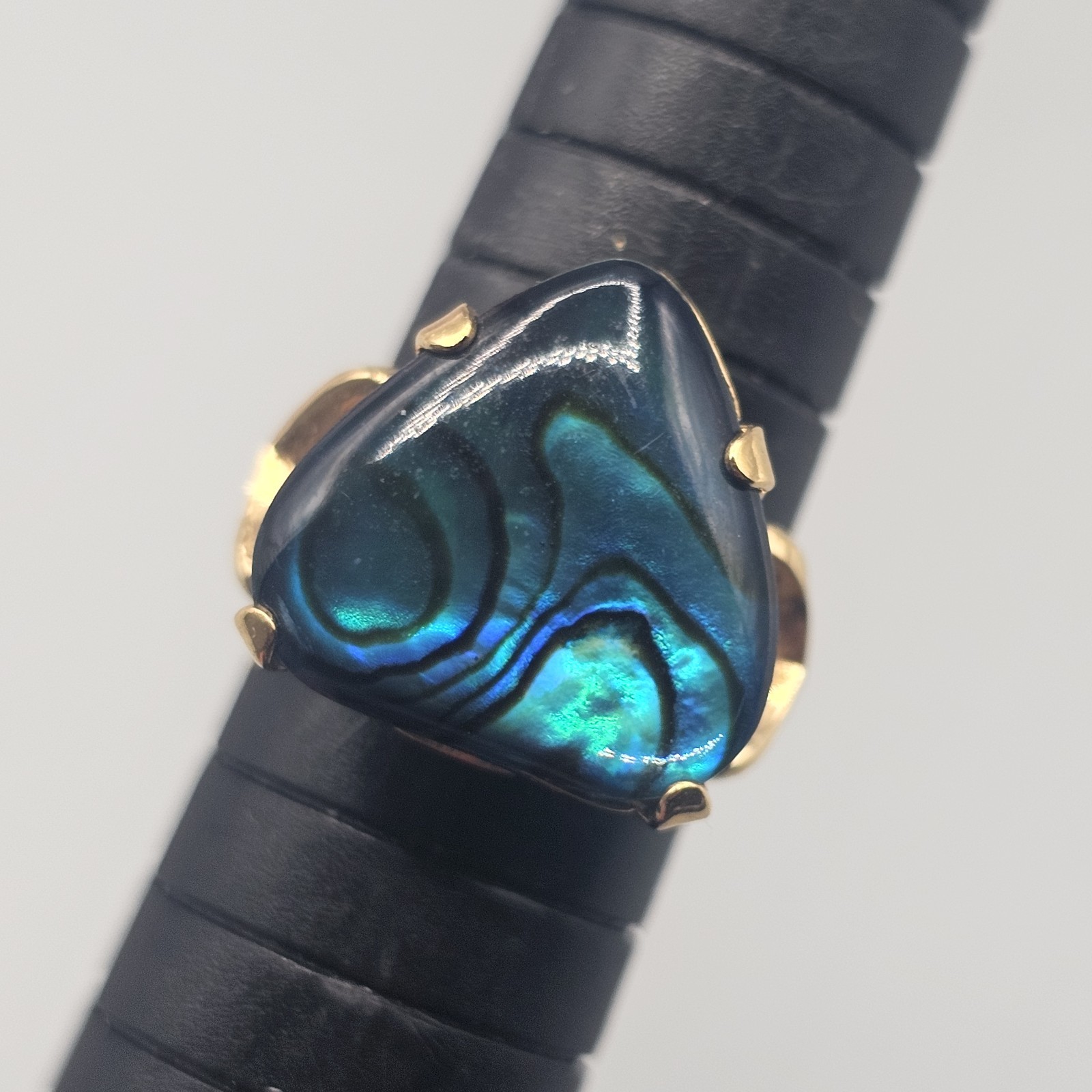 14k Gold Plated Ring Size 7 Blue Green Art Glass Traingle Abalone Style Design