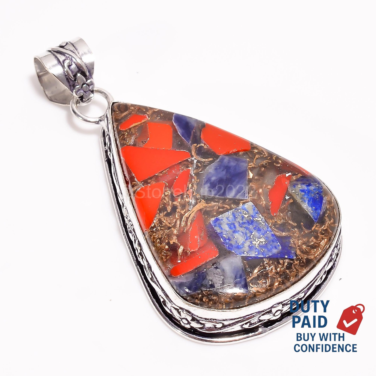 Natural Spiny Copper Lapis Lazuli Coral Sterling Silver Handcrafted Boho Pendant