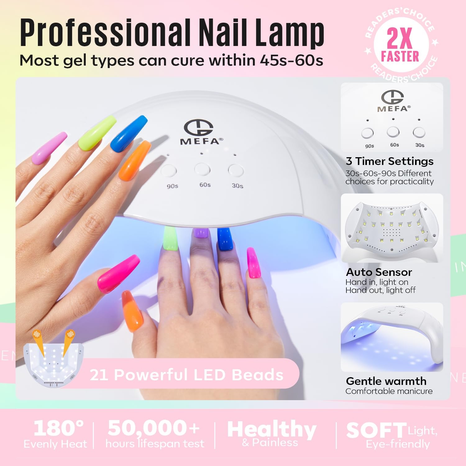 MEFA 56pc Gel Nail Polish Kit w/ UV Light, 32 Colors Hot Pink & Glitter Gels