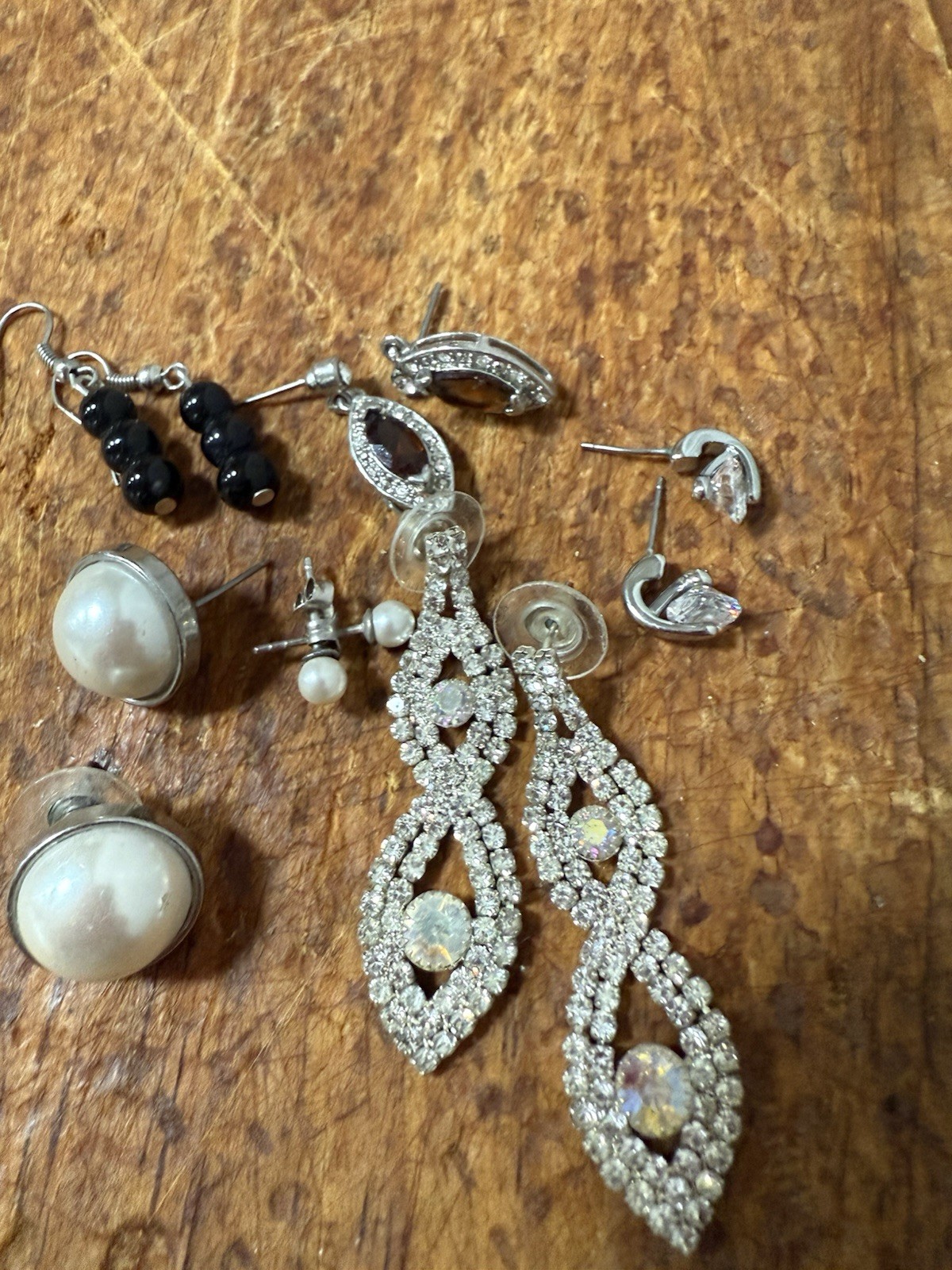 silver-tone clear round rhinestone dangle/drop & stud earrings mixed lot