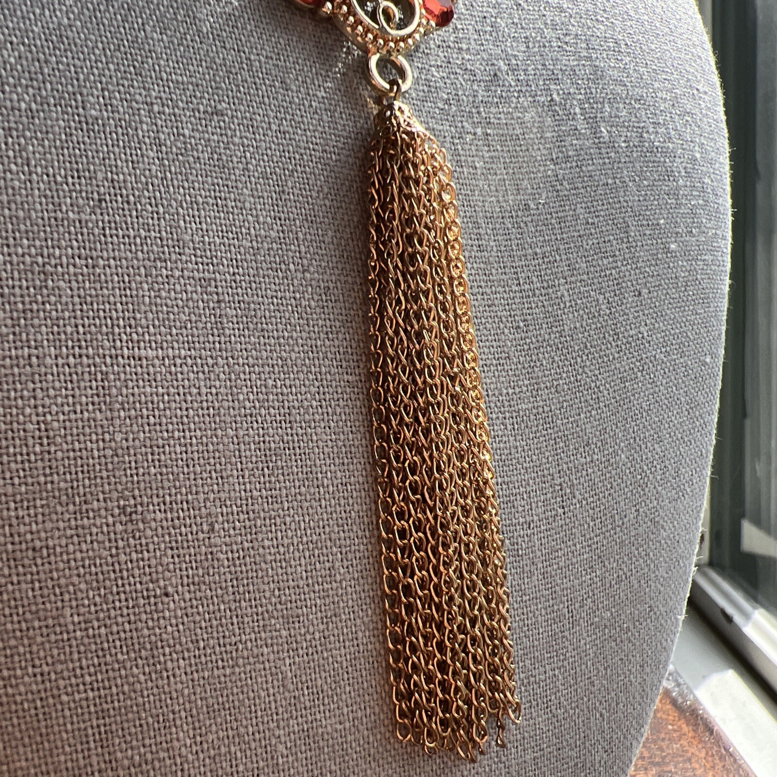 Mid-Century Orange /Pink Rhinestone Gold Tone Tassel Statement Necklace Fabulous