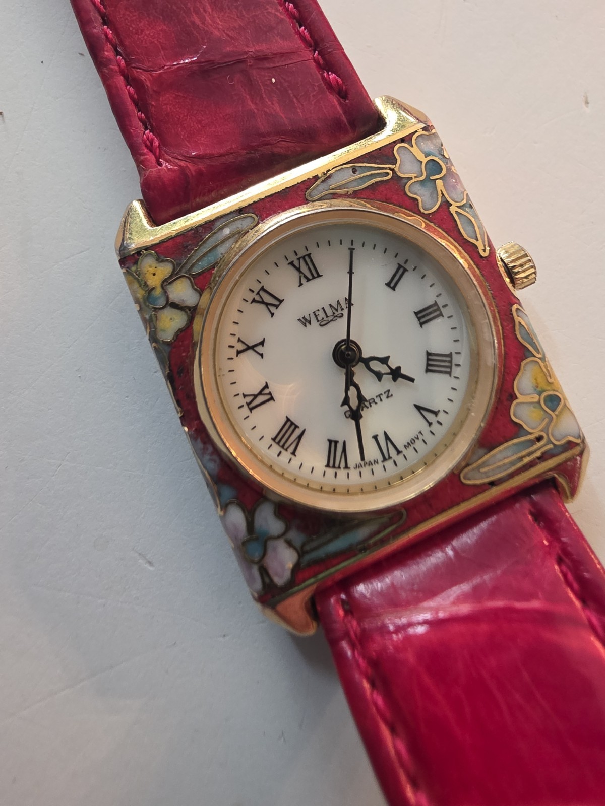 ♡♡ WELMA Women Square Floral CLOISONNÉ Enamel Roman Dial Red Band Watch Free Shp