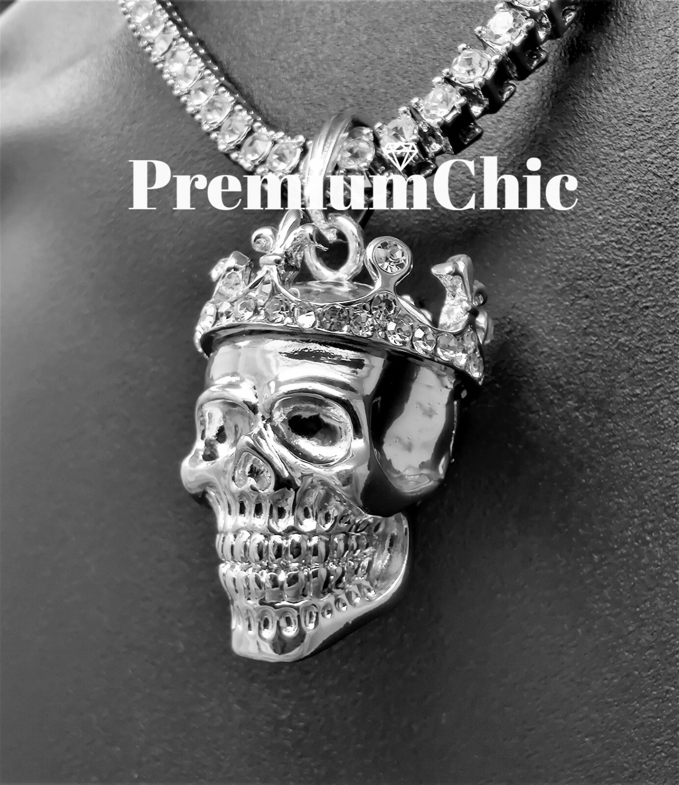 Skull King Pendant Necklace Rope or Tennis Chain Plated CZ Halloween Jewelry