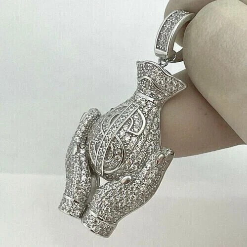 2.30Ct Lab Created Diamond Round Money Bag Hand Pendant 14K White Gold Finish