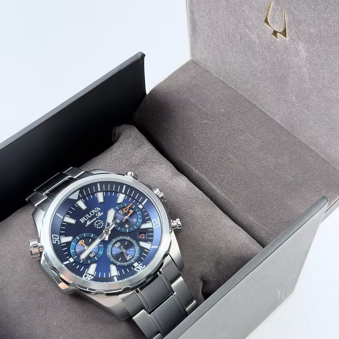 Bulova Men’s Marine Star 96B256 Blue Dial Stainless Strap Quartz Watch 43MM