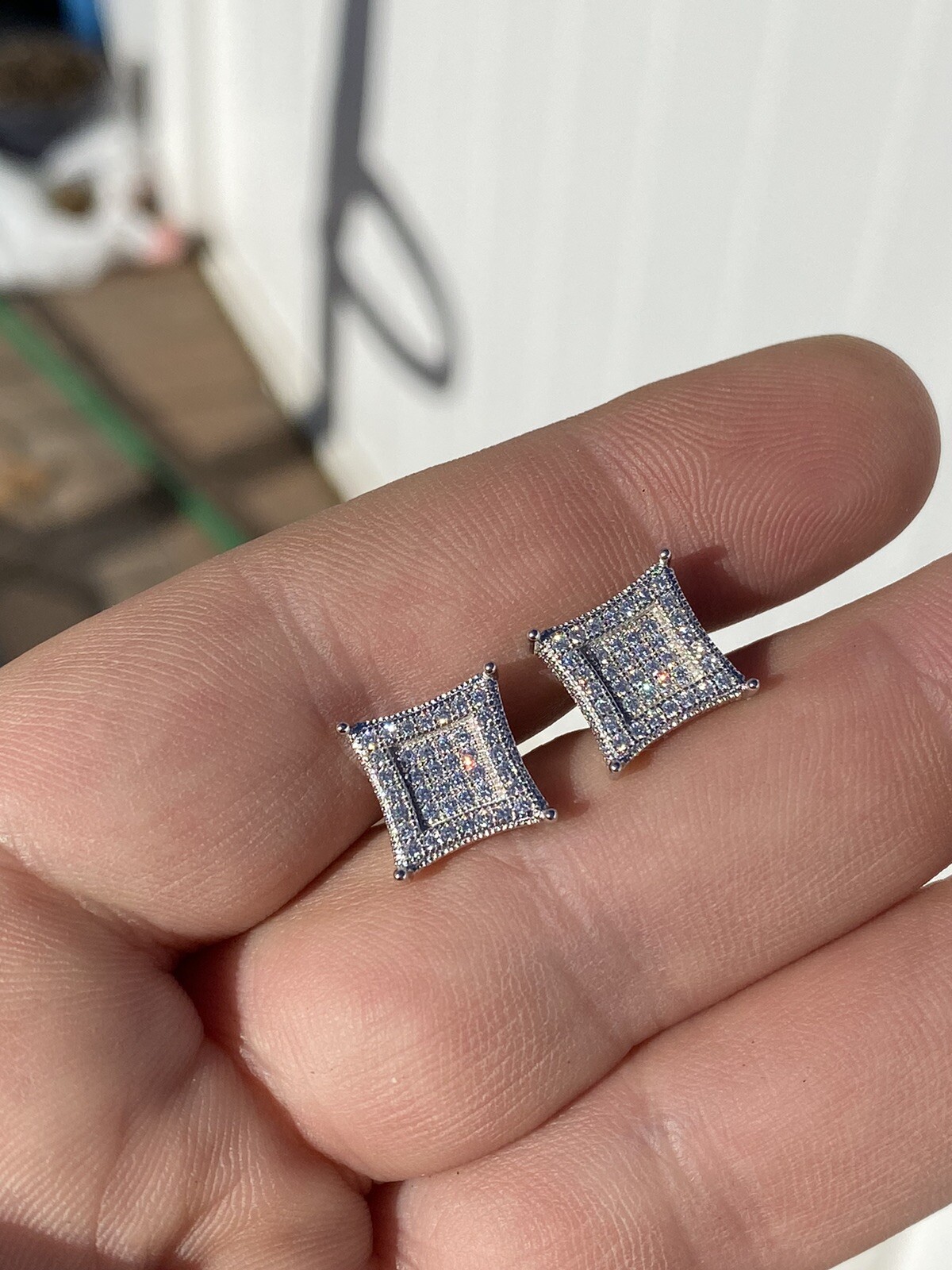 Mens Real 925 Solid Sterling Silver Kite CZ Hip Hop Iced Square Earrings 11mm