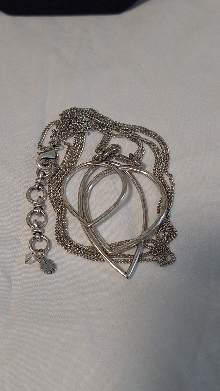 Silver Tone Double Heart Charm Pendant Metal Chain Necklace No Stone