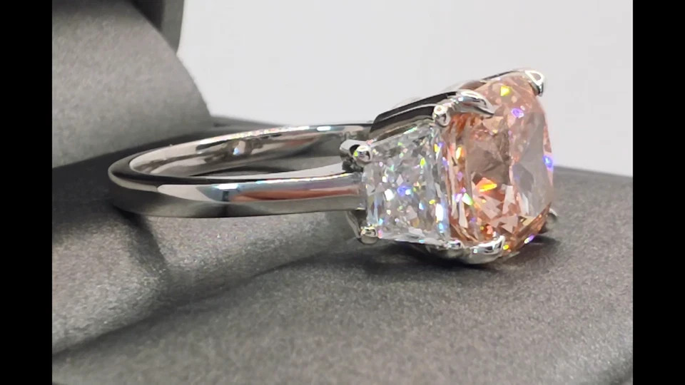 5.04 Ct Lab Grown Vivid Pink Diamond Ring Cushion Cut 3 Stone Ring White Gold