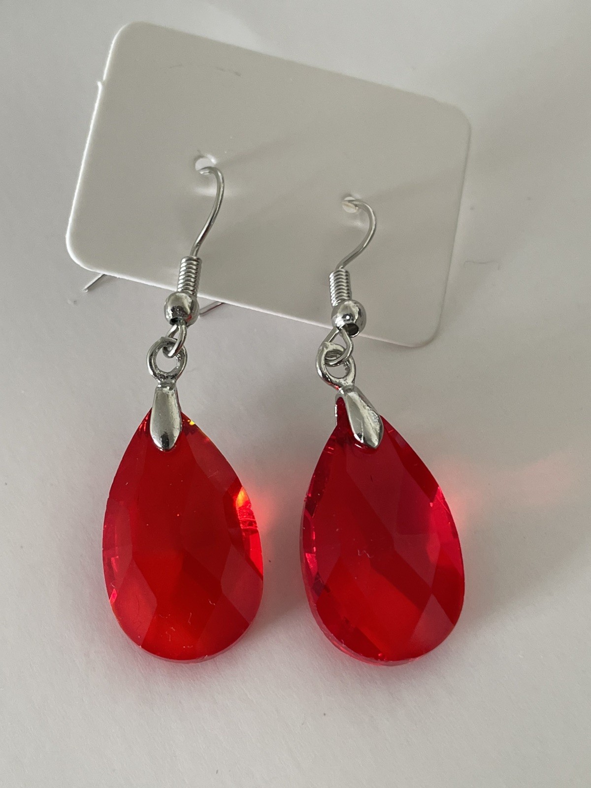 Red Glass Crystal Teardrop Earrings,Silver tone Dangle for any occasion gift