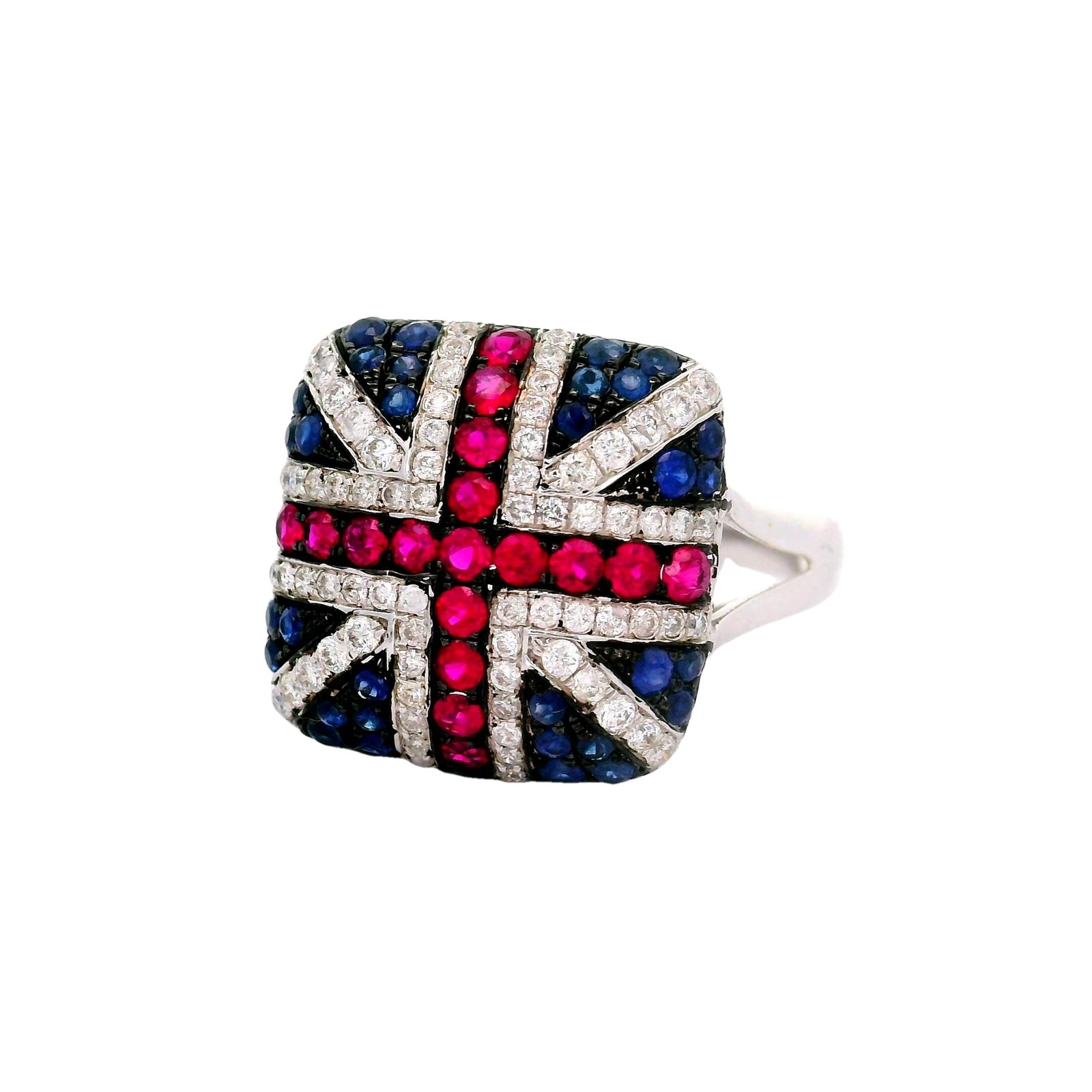 Ruby Sapphire Diamond 18k White Gold “United Kingdom Flag” Ring
