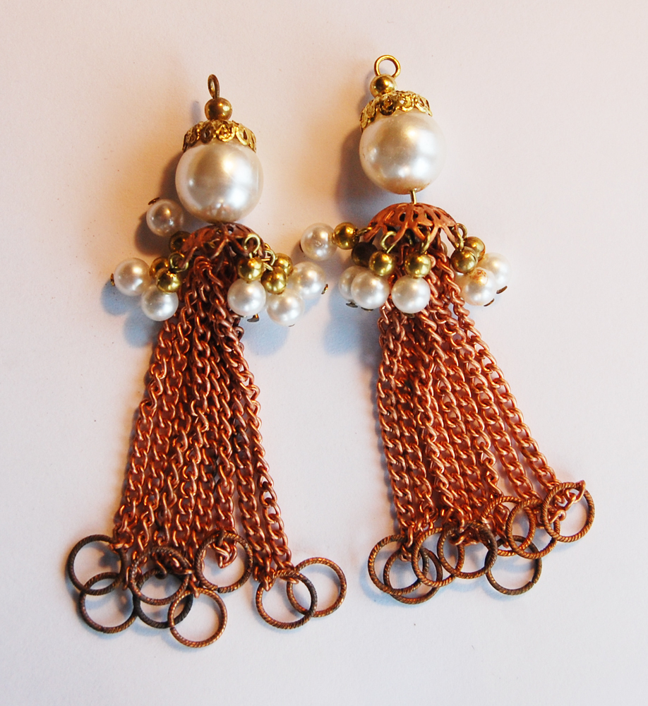 VINTAGE 2 PEARL CHAIN FRINGE TASSEL PENDANTS COPPER BRASS PEARLS • 3.5 inches