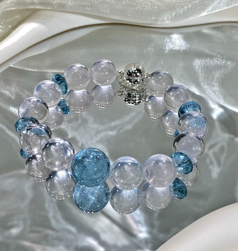 LUSA FEELA Natural Larimar Pearl Beaded Stretch Bracelet Gift Box