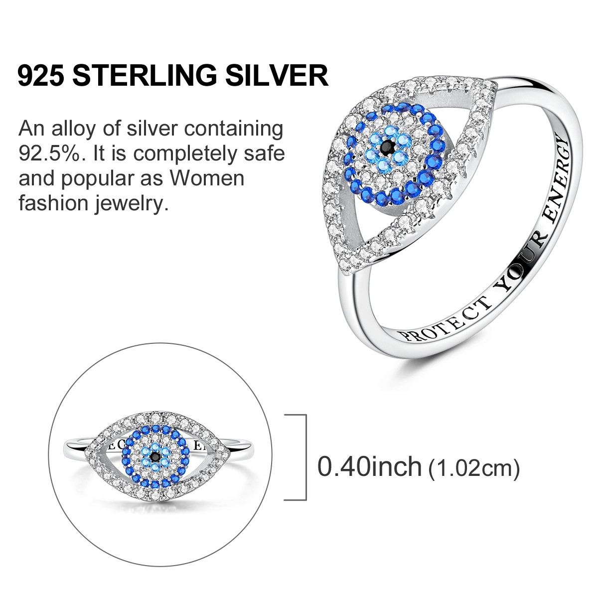 LAZA Original 925 Sterling Silver Finger Ring Blue Devil’s Eye for Women Jewelry