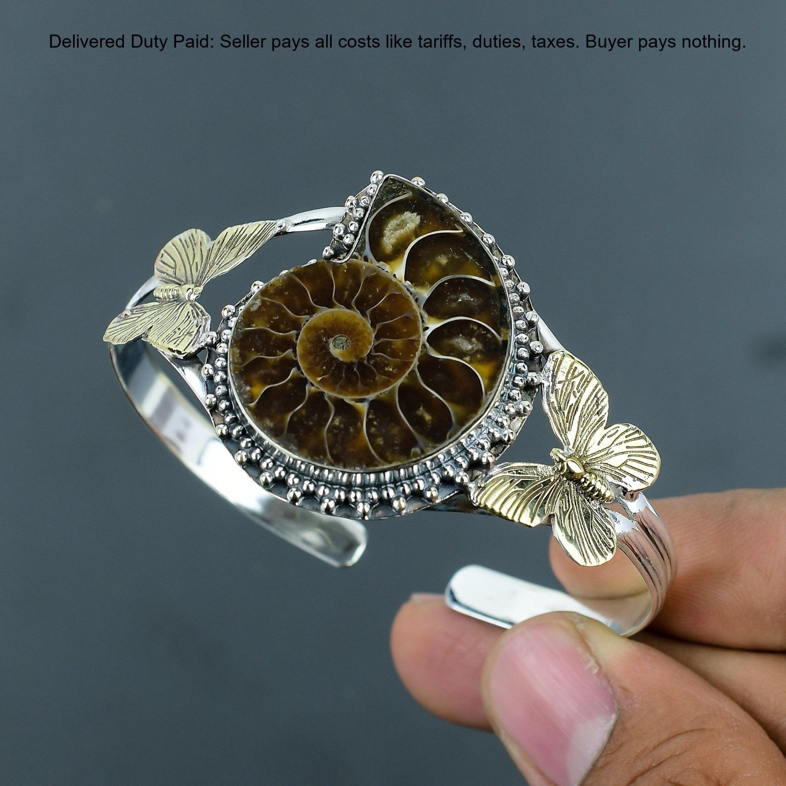 Christmas Deal Ammonite Fossil Gemstone Bezel Bangle Jewelry 925 Sterling Silver
