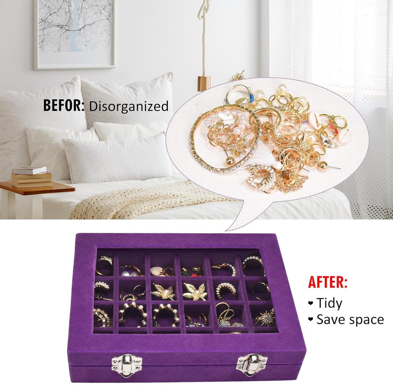 Velvet Jewelry Box 24 Grid Jewelry Ring Display Organiser Box Tray Holder Earrin