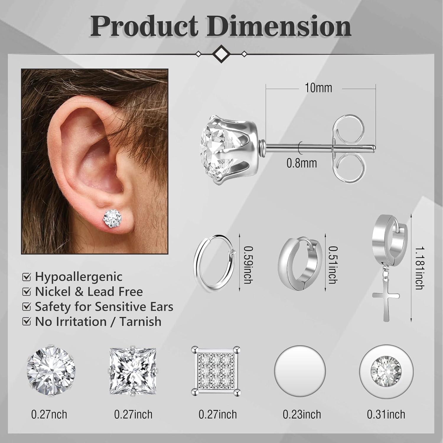 ONESING 27 Paris Stianless Steel Earrings for Men Hypoallergenic Cubic Zirconia