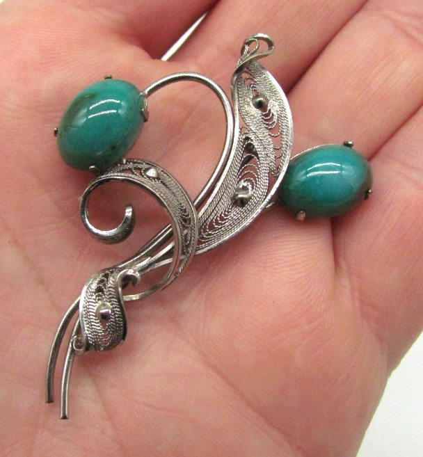 Vintage JJJ Co Sterling Silver Filigree Turquoise Cabochon Brooch Pin