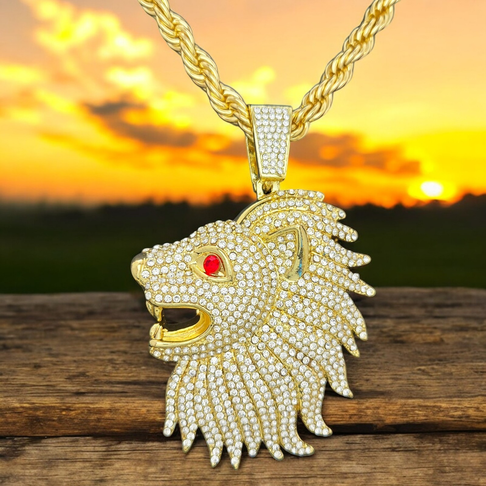 LARGE LION HEAD HIP HOP ICED GOLD PLATED CZ PENDANT 8mm 24″ ROPE CHAIN NECKLACE