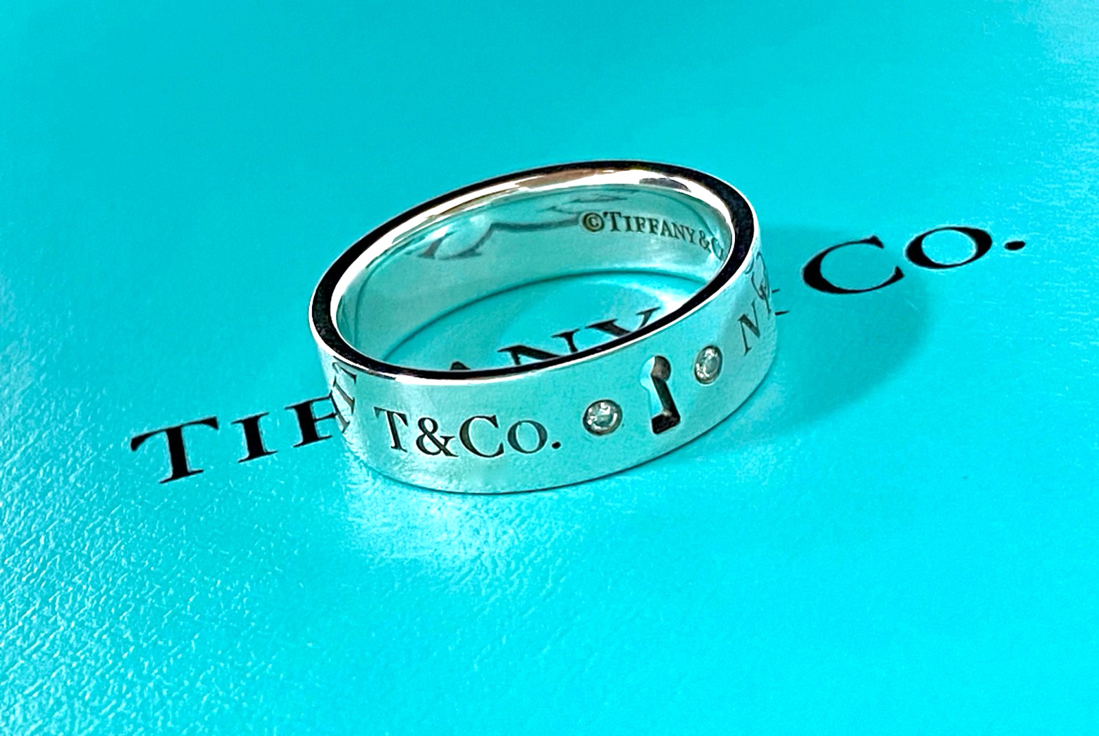 Sz 7.75 Tiffany & Co Two Diamond Keyhole Band Ring Silver w/ Pouch – Authentic