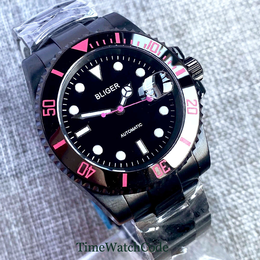 40mm Sapphire Automatic Mechanical Mens Watch NH35 Date Black PVD Steel Bracelet