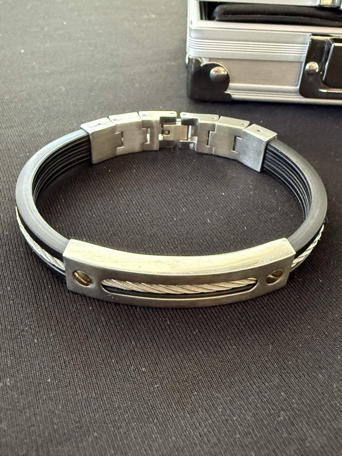 Triton Mens Bracelet Stainless Steel & Black Rubber 14K Gold Screws Cable Inlay