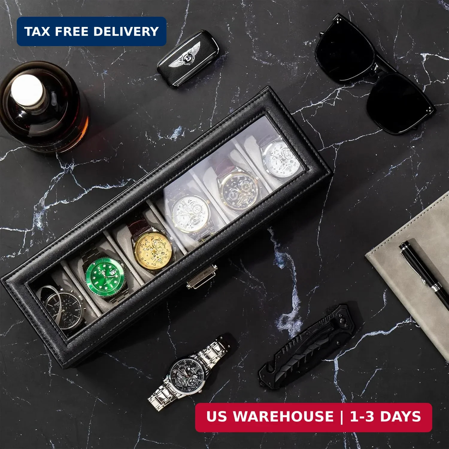 ProCase Watch Box, 6 Slot Watches Display Case with Drawer, Mens Watch Case with