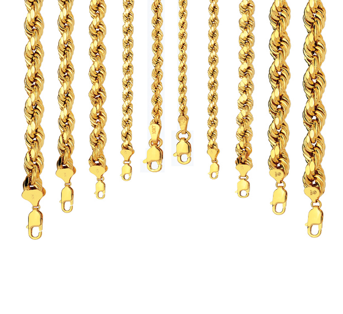 10k Yellow Gold 2mm-10mm D/Cut Rope Chain Bracelet Size 16″-30″ Hollow