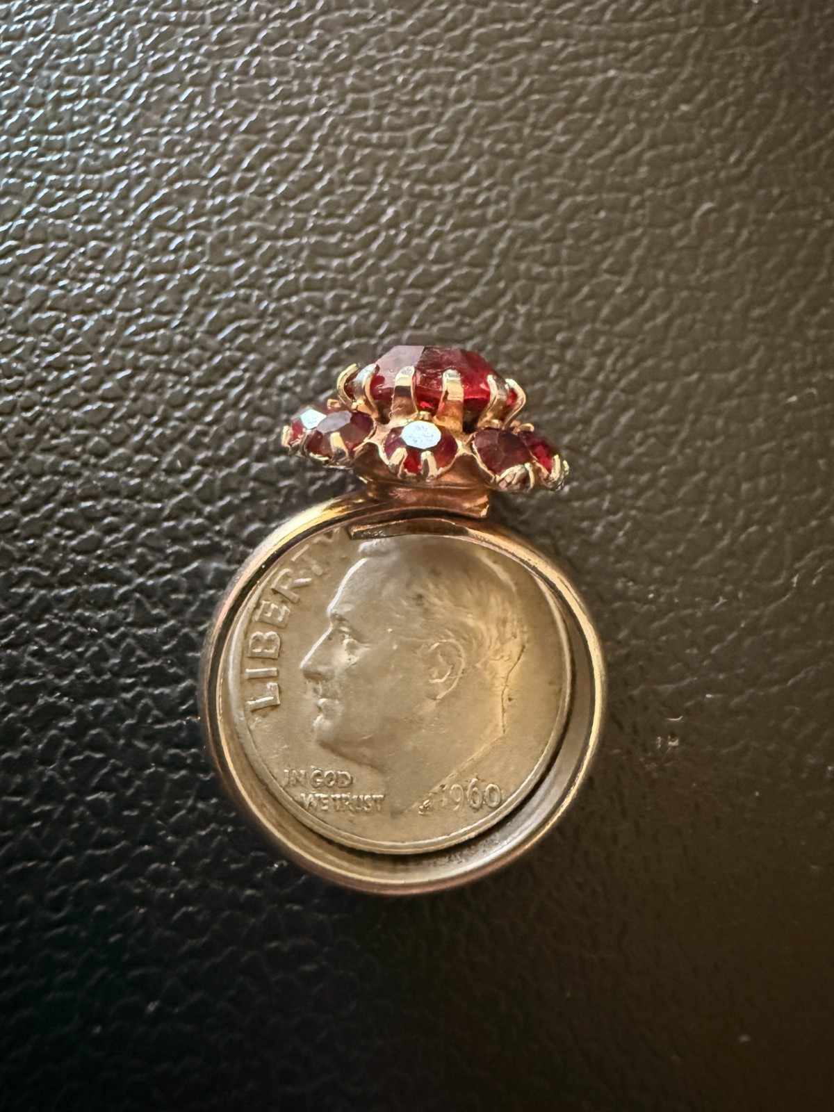 Deep Burgundy ring features a cluster of red rhinestones in a gold-tone setting.