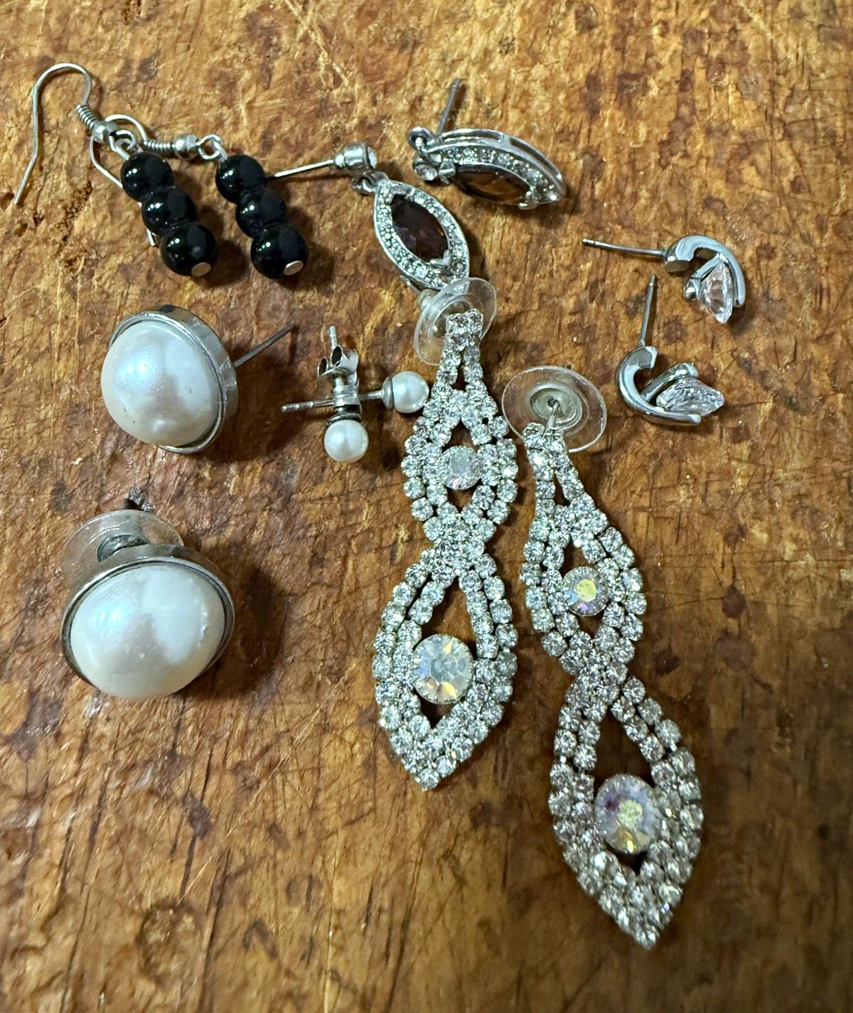 silver-tone clear round rhinestone dangle/drop & stud earrings mixed lot