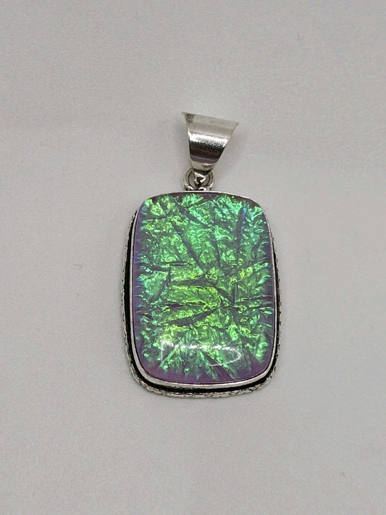 Silver Plated Australian Triplet Opal Purple Green Rounded Rectangle Pendant