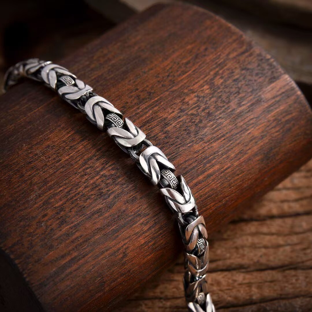 Pure S925 Sterling Silver Chain 7mm Unique Byzantine Link Bracelet 7.1-8.7inch