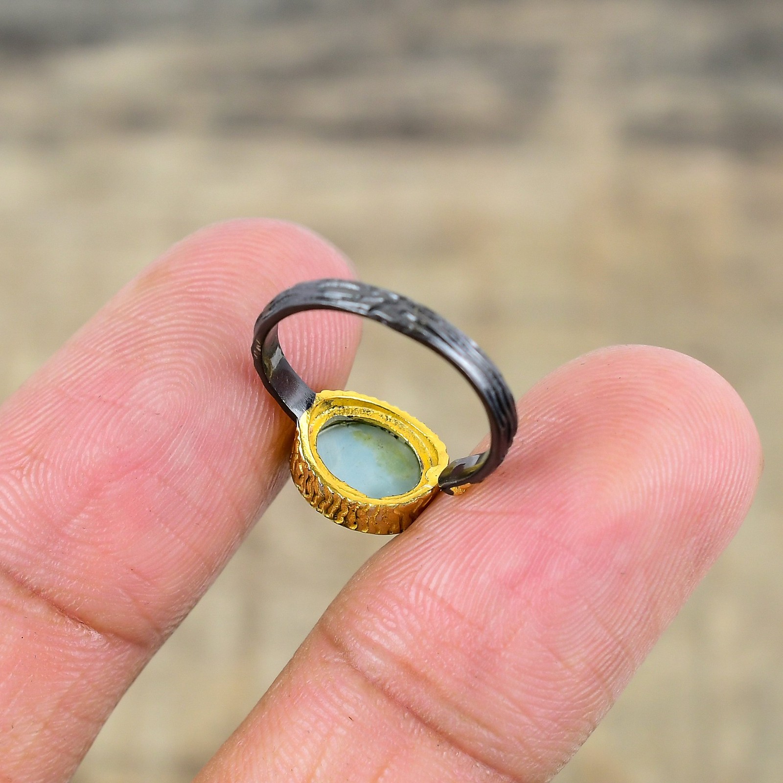 Larimar Black And Gold Plated 925 Sterling Silver Ring S.Adjustable R87110