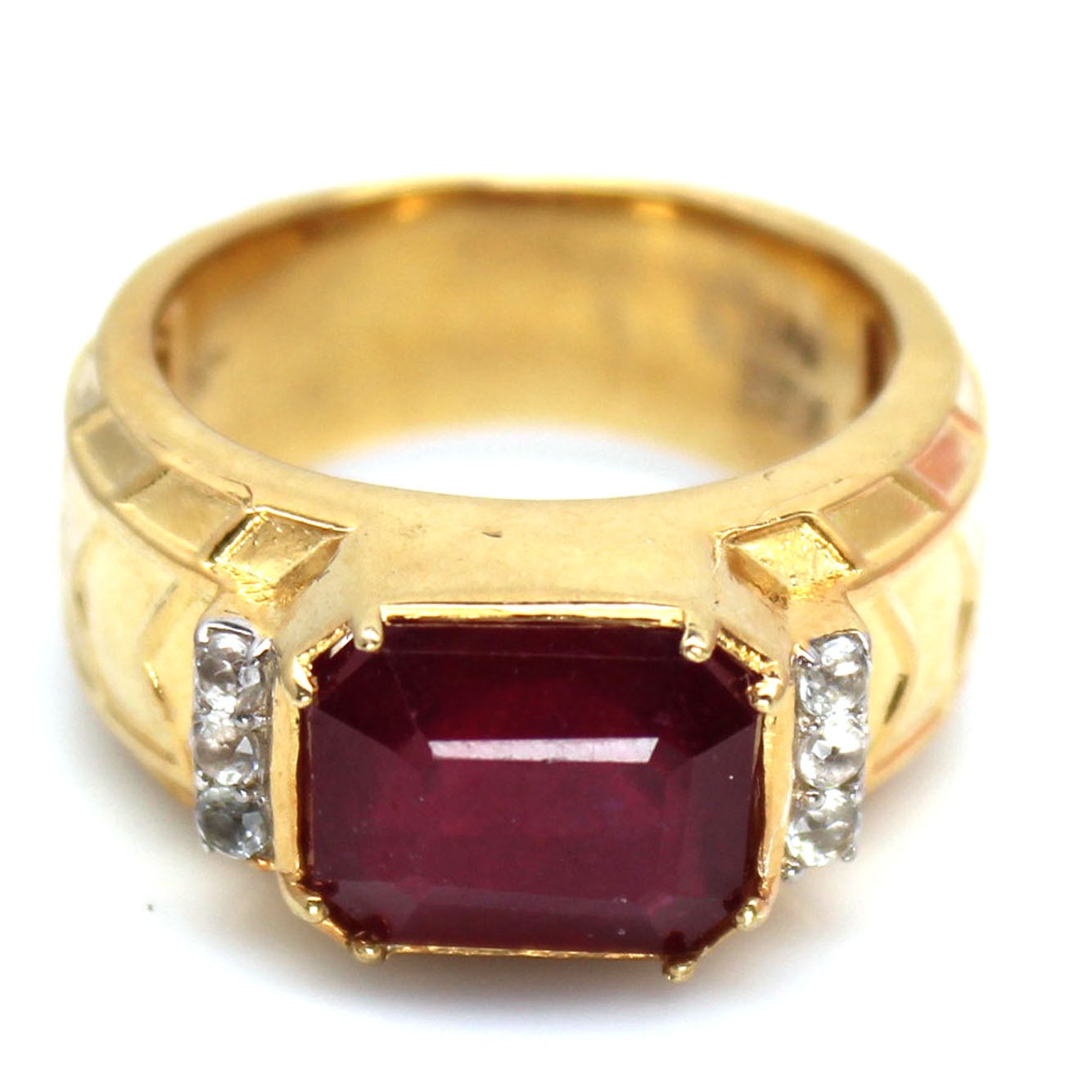 925 Sterling Silver 9 x 10 MM. Red Ruby White Zircon Two Tone Ring Size 7.75