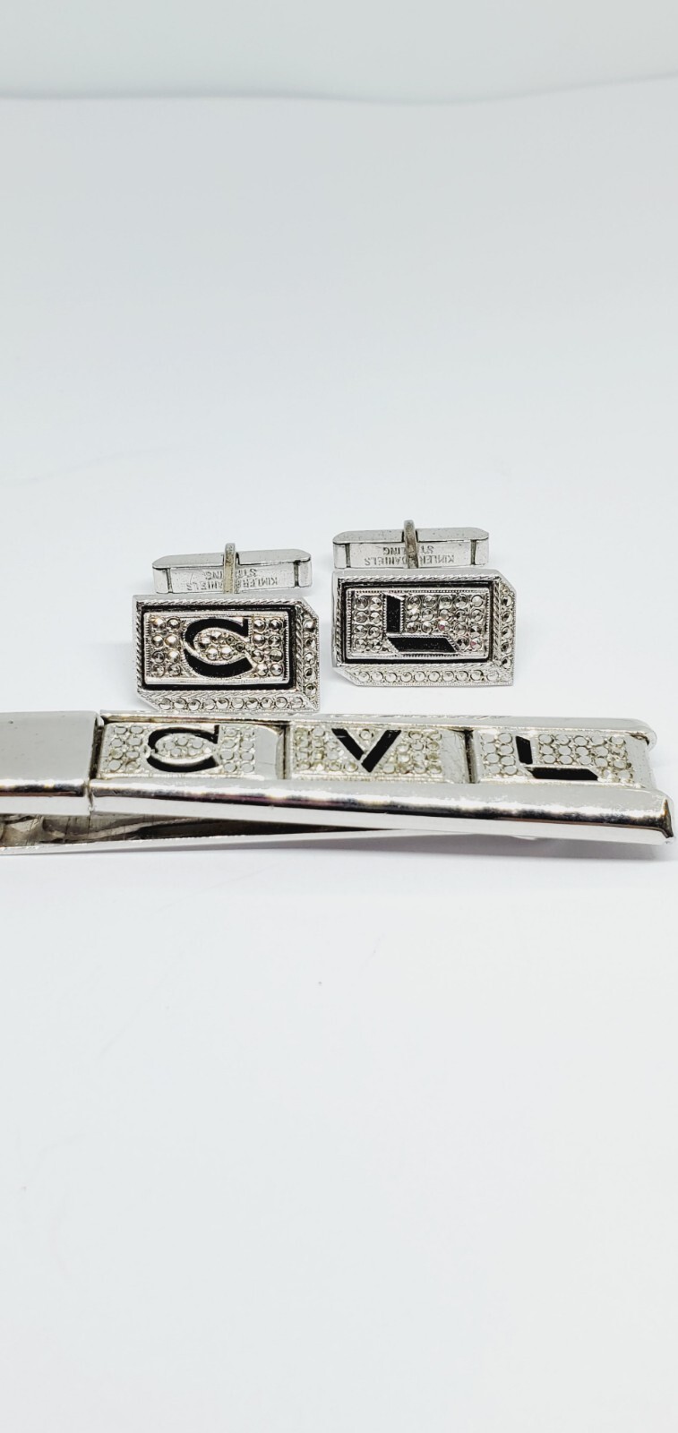 Vintage Sterling Silver KIMLER & DANIELS Marcasite Cufflinks & Tie Bar Clip (51)