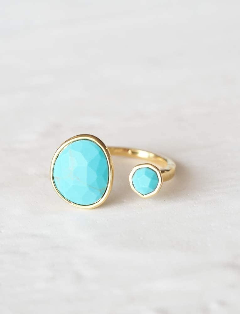 Elegant Simulated Turquoise Ring in 14K Gold-Plated Brass – Adjustable Size 6-8
