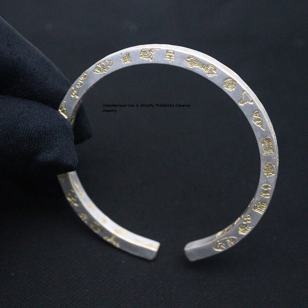 Pure S999 Fine Silver 999 Bracelet 5mm Enamel Square Heart Sutra Figure Bangle
