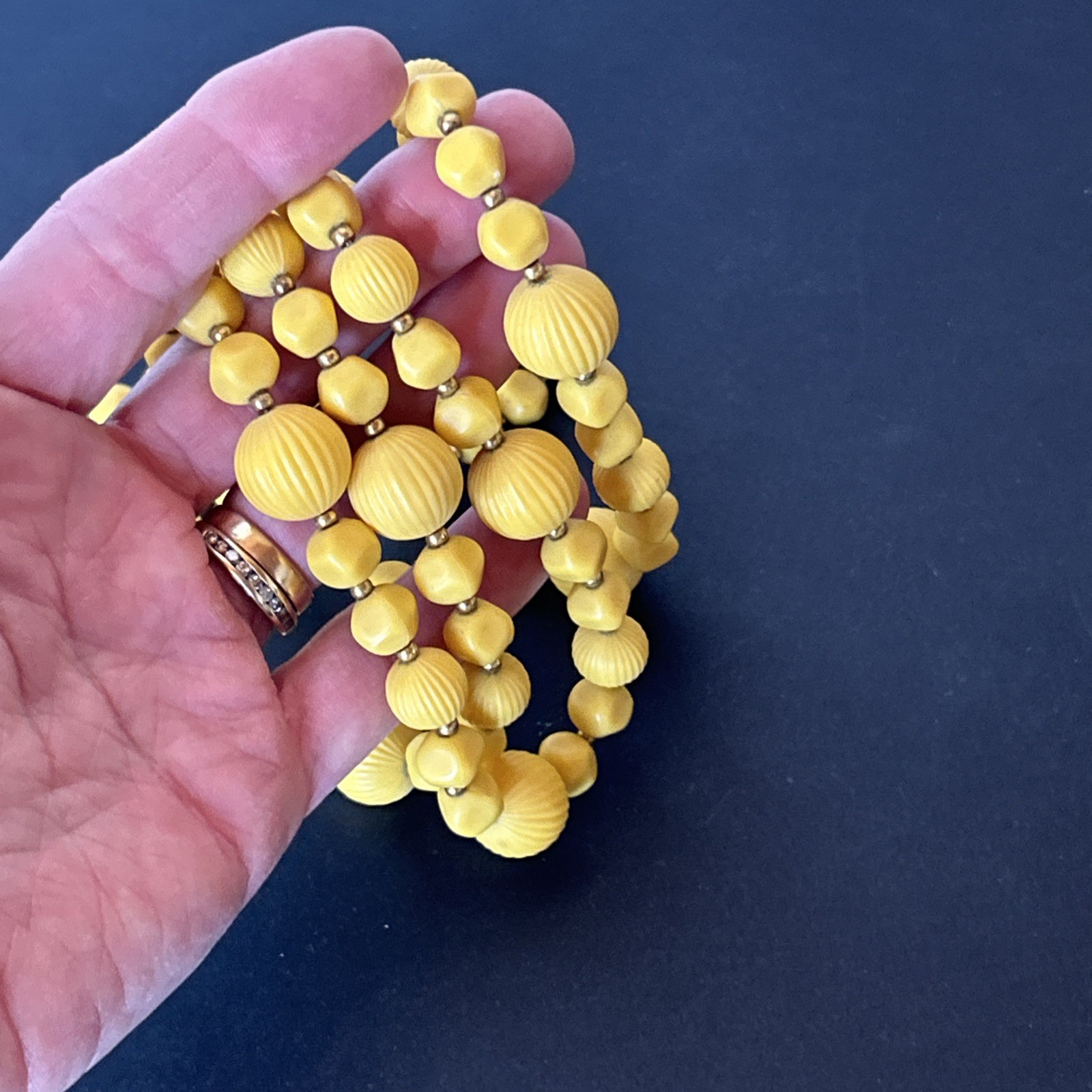 Vintage 2 Strand Yellow Beaded Necklace Textured Retro MCM Casual Woman’s 20″