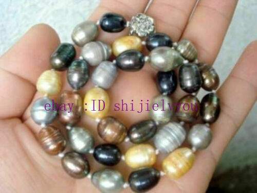 10-12MM NATURAL BLACK TAHITIAN multicolour COLOR rice beads PEARL NECKLACE18-25“