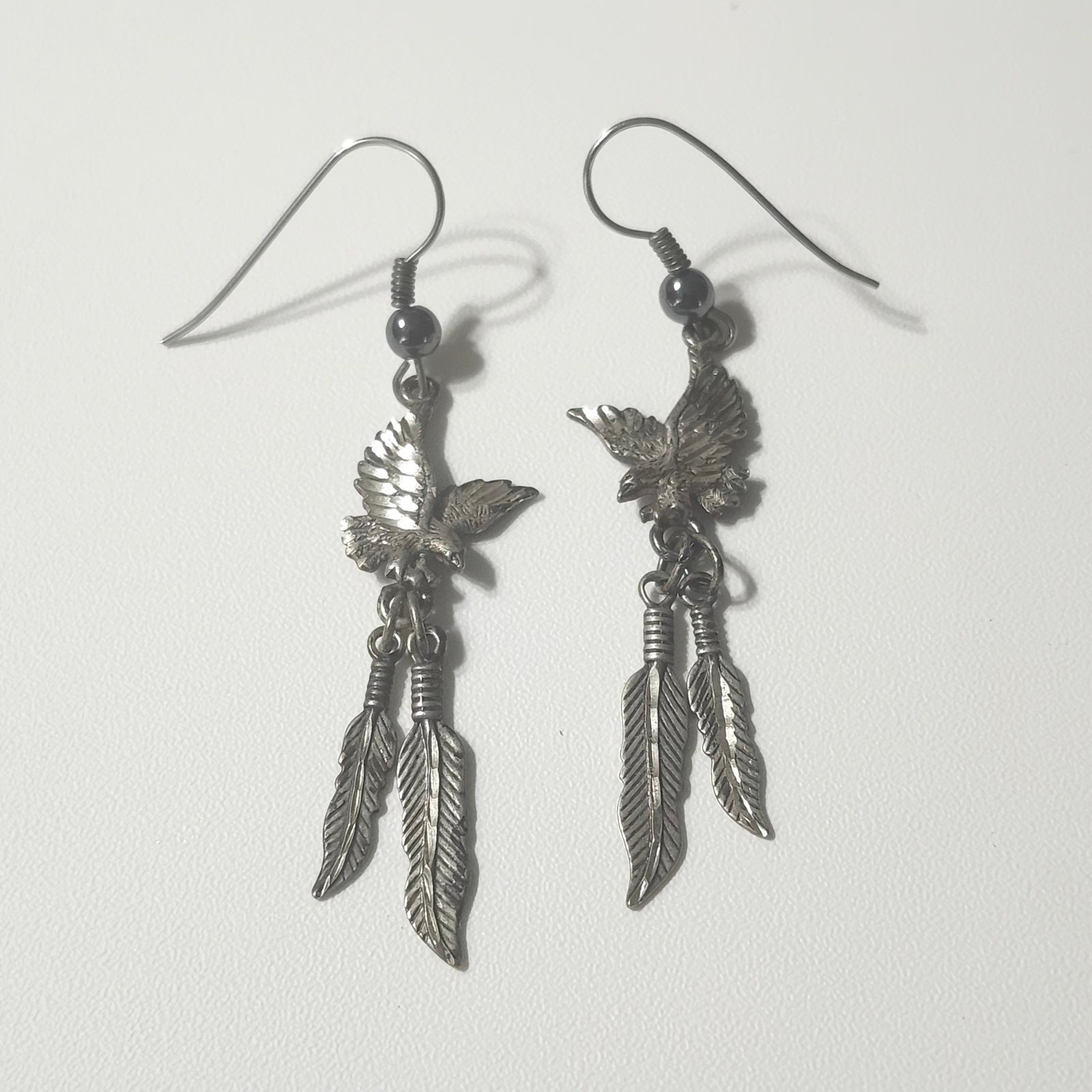 Sterling Silver Eagle Feather Dangle Earrings Bird Western Hook Pierced 5.59g