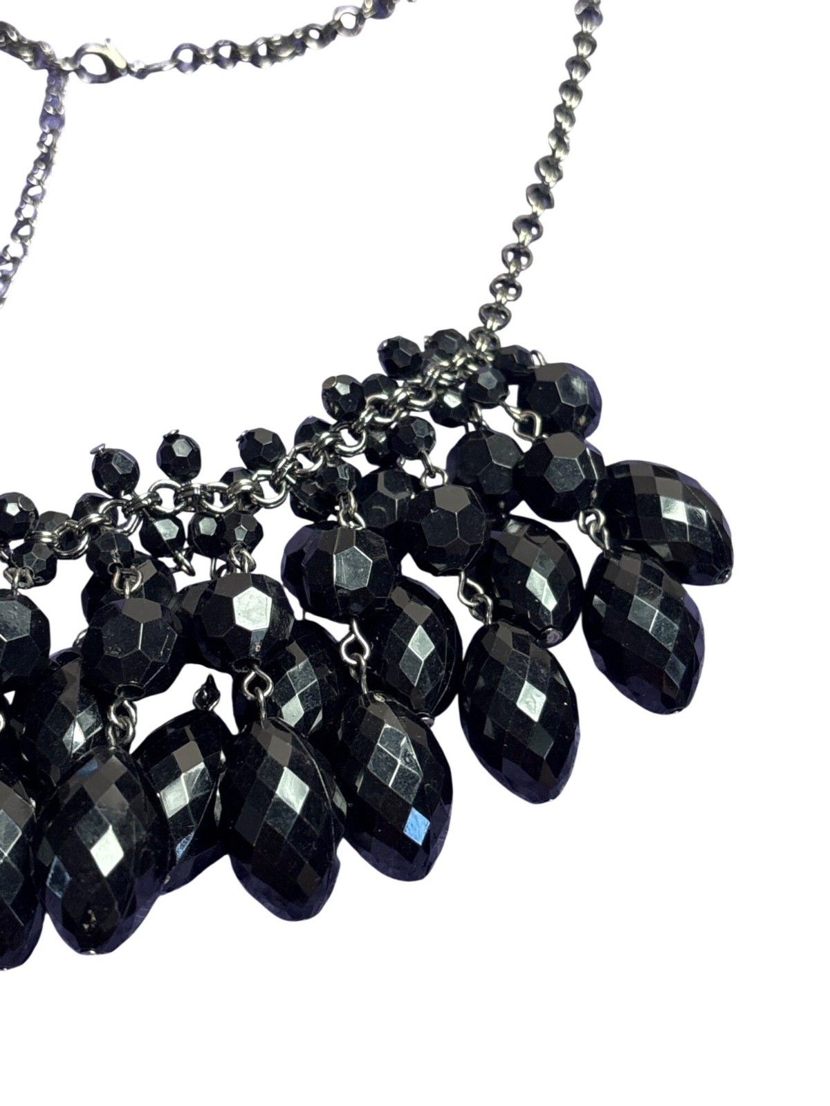 Statement Black Plastic Beaded Fringe Bib Necklace Gunmetal 21 – 23 inches Long