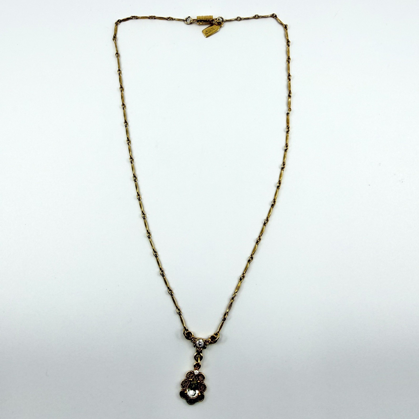1928 Victorian Inspired Crystal Y Drop Necklace Costume Jewelry 15”