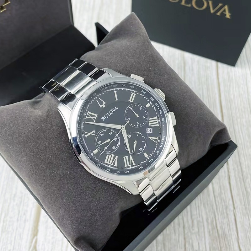 Bulova Wilton 96B288 Black Dial Men’s Chronograph Quartz New Watch 46mm Steel