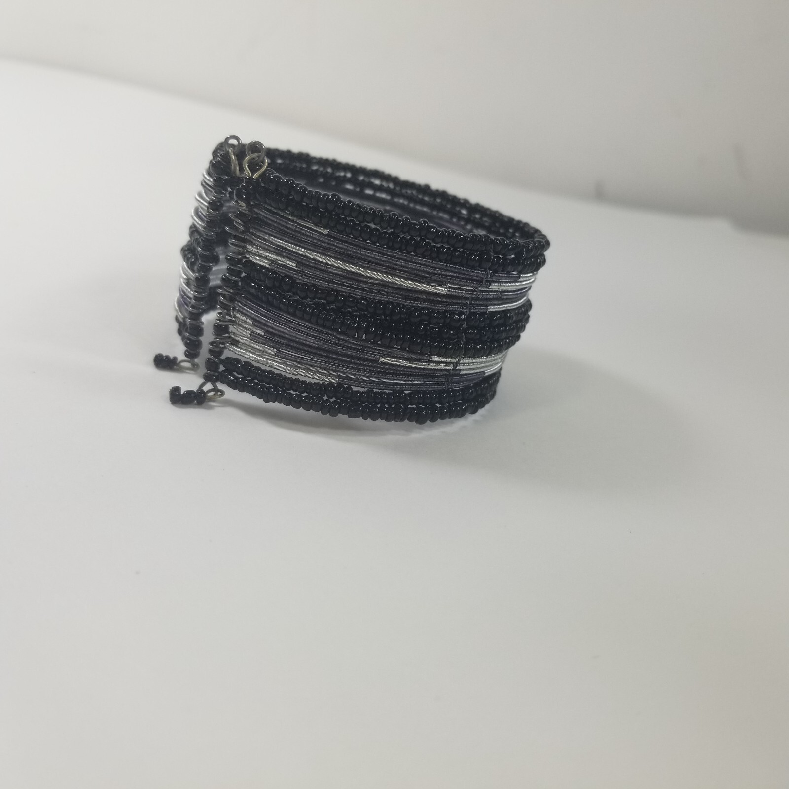 Beaded Wrap Cuff Bracelet Silver Tone Black Seed Beads, Flexible Fit, 1.5″ wide