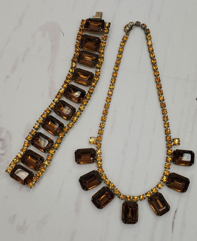 Vintage Champagne Faux Citrine Bling Necklace and Bracelet Gold Tone