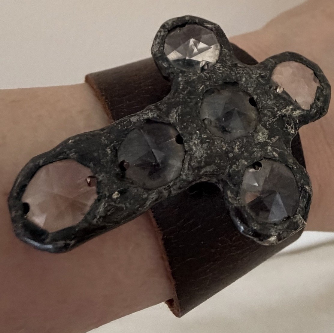 Jamie Dietrich Vintage Dark Leather & Crystal Cross Cuff Bracelet Limited – Rare